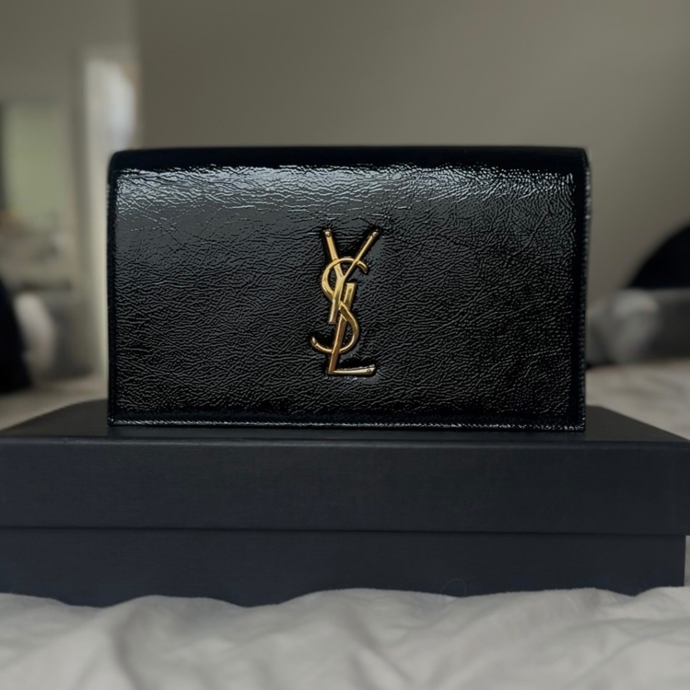 Saint Laurent YSL Monogram Black Leather Clutch – Mint w/ Box, Dust Bag & Tag